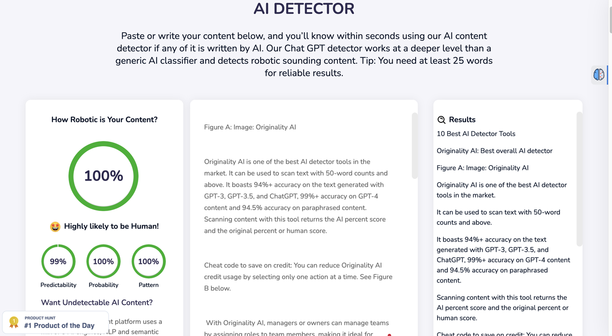 Content at Scale AI Detector result of analysis of sample text.