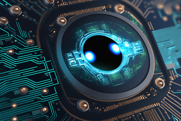 Eye on circuit board and microchips closeup generative AI.