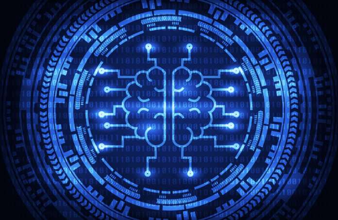 Artificial intelligence brain with ring gears on binary code background.