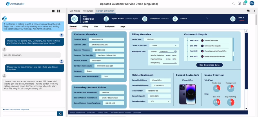 Example of Zenarate's AI Coach platform walking a customer service rep through a conversation in real time.