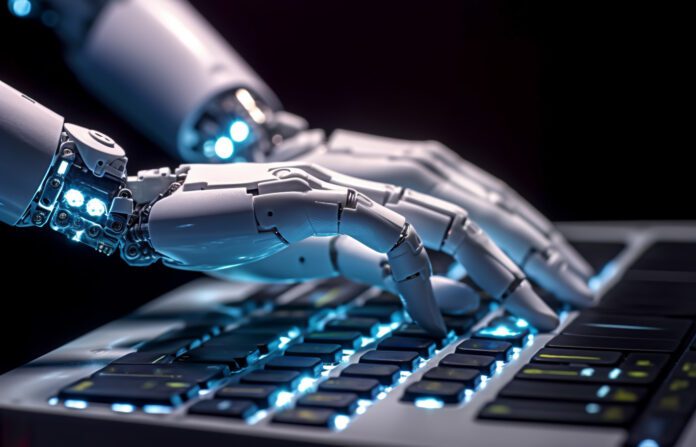 Artificial intelligence android robot hands writing text on compurter keypad.