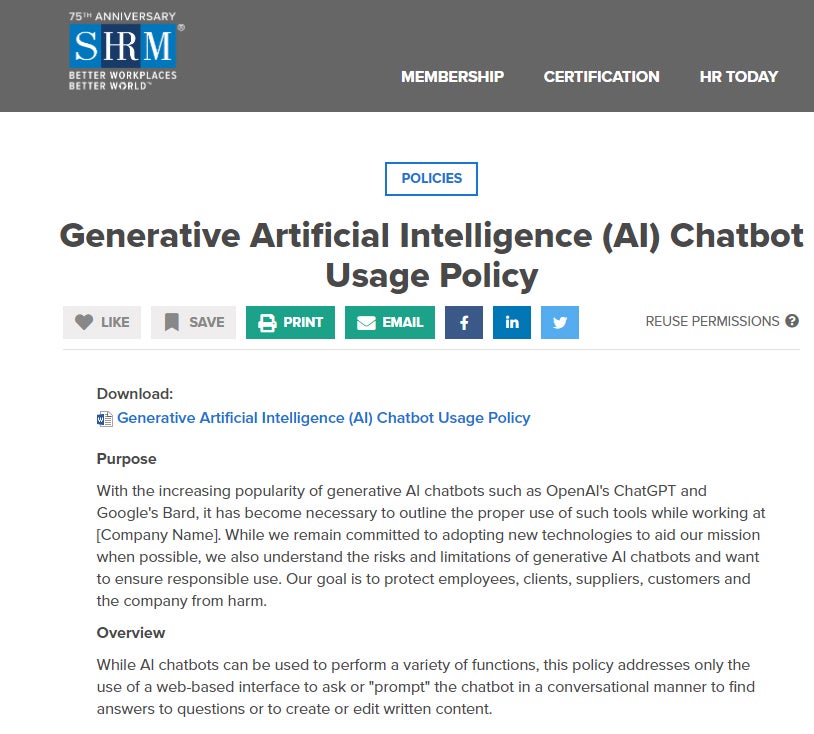 Generative Artificial Intelligence (AI) Chatbot Usage Policy from SHRM.