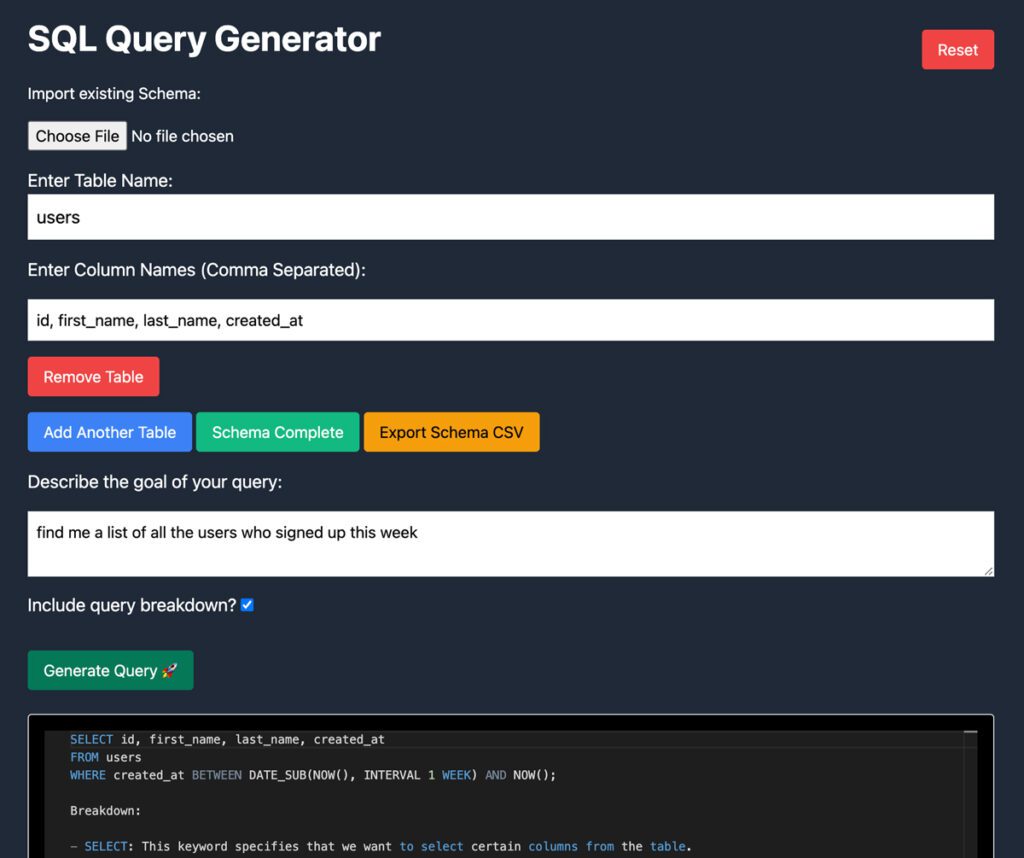 SQL query generator app designed using Pico.