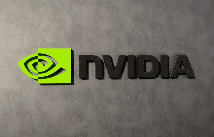 Three-dimensional Nvidia logo against concrete wall.