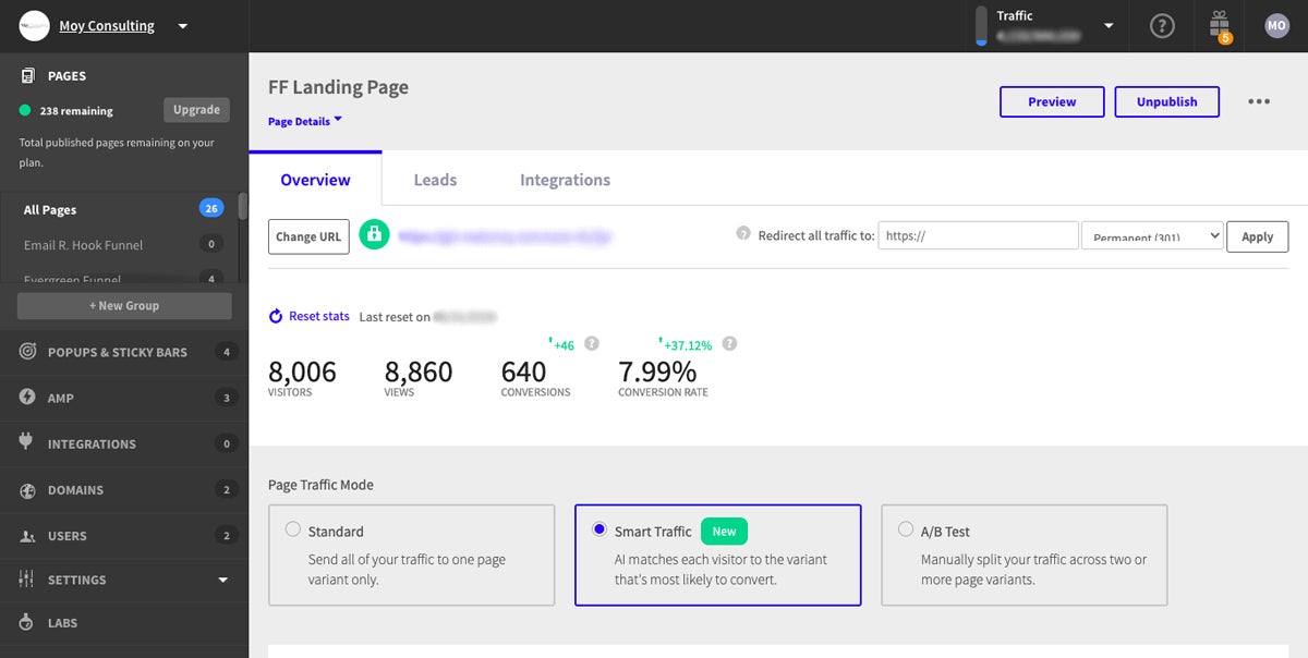 Unbounce page in Smart Traffic mode stats.