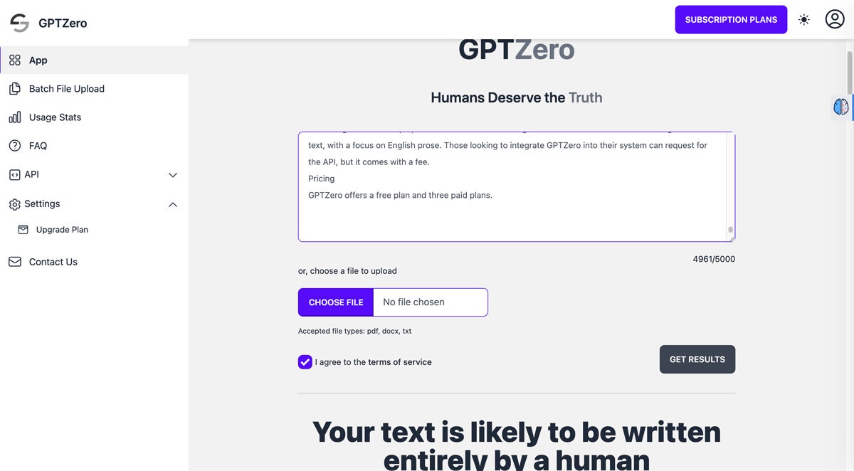 Sample text scan result using GPTZero.