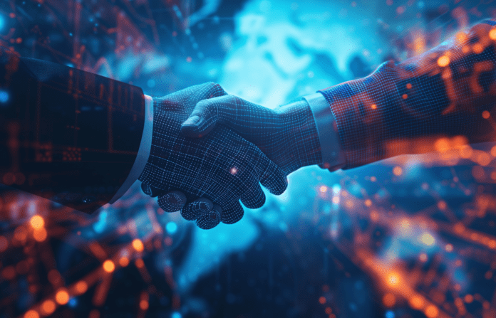 Businessmen shaking hands with digital patterns and abstract technology background.