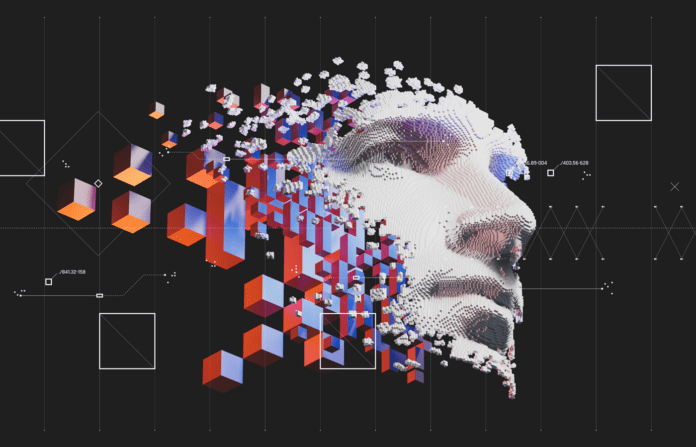 Abstract digital human face in 3D.