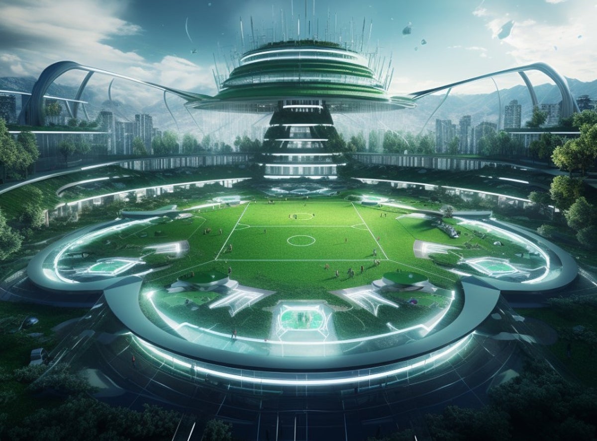 The result of the prompt “a futuristic football pitch.”
