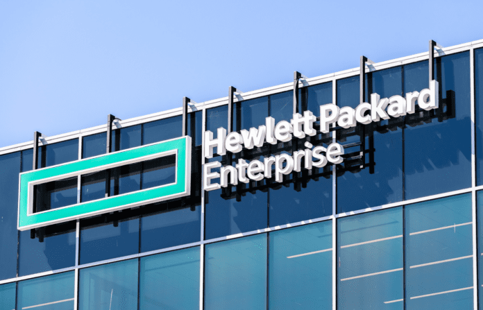 Hewlett Packard Enterprise (HPE) logo at Silicon Valley HQ.