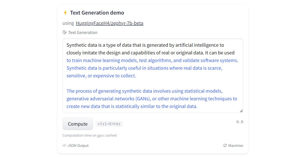 In this text generation demo, I added a brief snippet from an article I wrote about synthetic data. BLOOM was able to complete my content in a way that was logical and fairly accurate.
