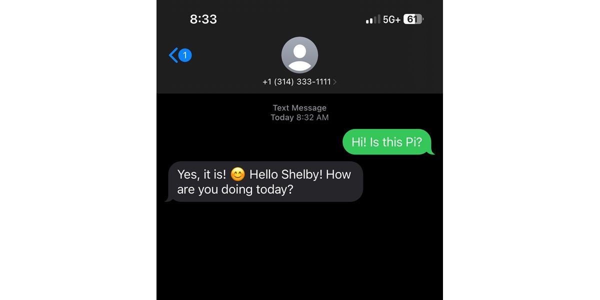 Up until this point, I had only used Pi on the mobile app and website. I texted this number to see if it worked; not only did it work, but it also immediately recognized who I was from my previous web and app interactions.