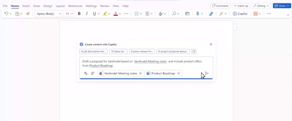 When using Copilot in Microsoft Word, users can create content based on attachments.