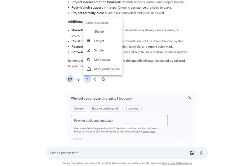 Google Gemini feedback features.