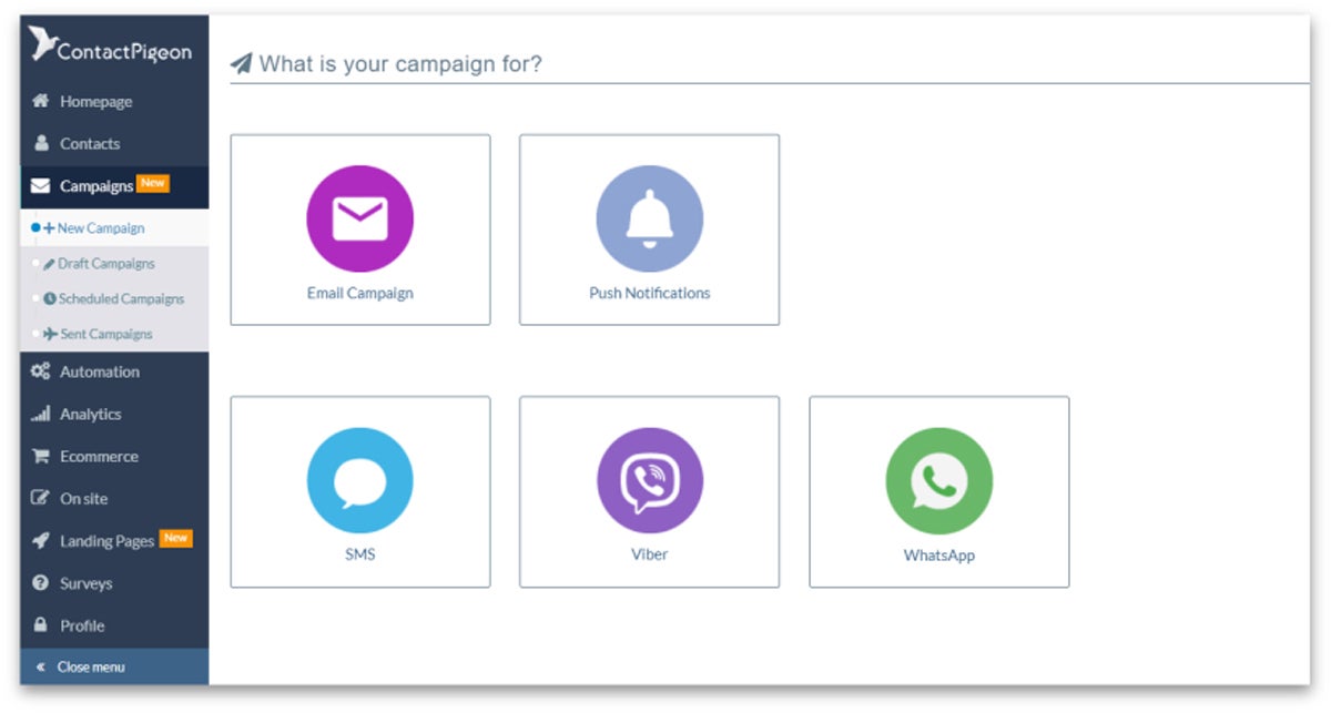 ContactPigeon campaign menu dashboard.