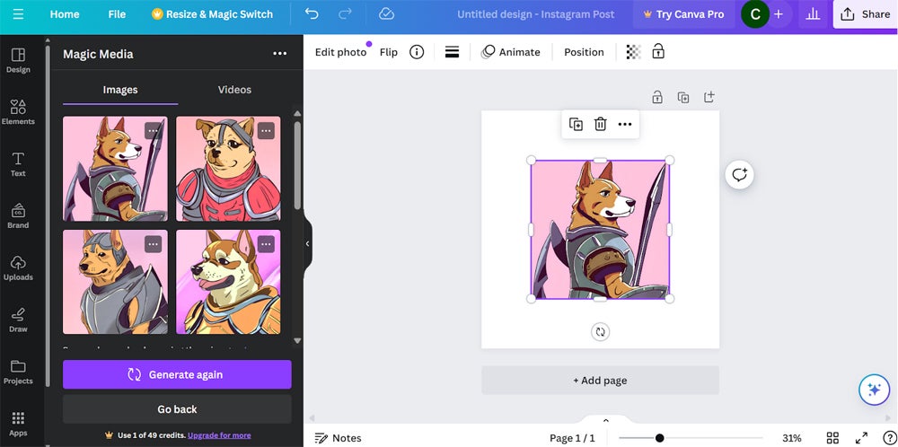 Magic Media, one of the tools in Magic Studio, generating an image of a dog in armor.