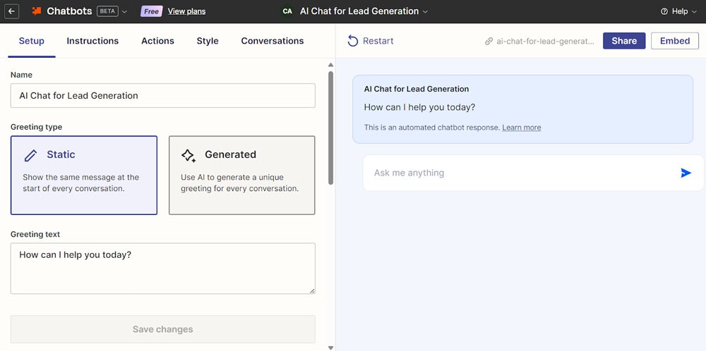 Setting up an AI chat for lead generation.