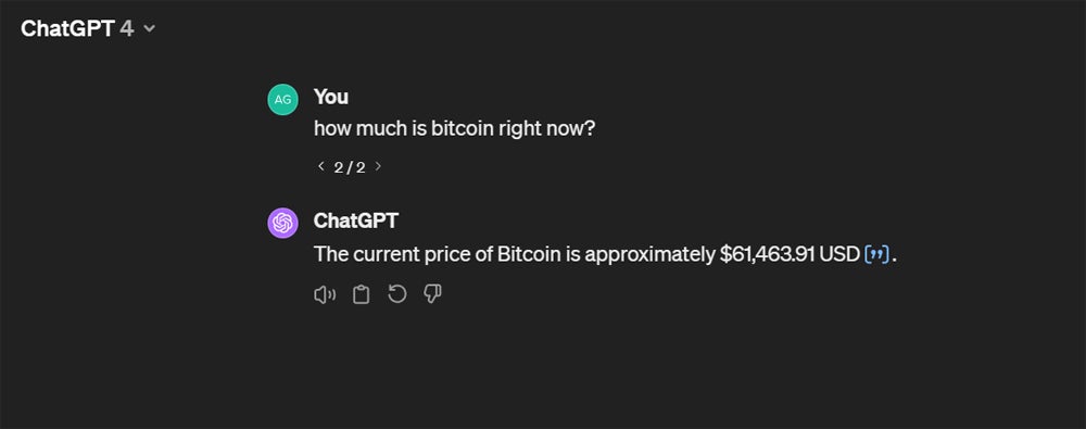 ChatGPT, however, gave an outdated answer even after two prompts, but linked to a site with the real-time Bitcoin price.