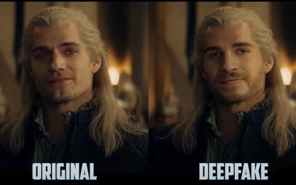 A deepfake of Liam Hemsowrth’s face superimposed on Henry Cavill’s character, Geralt of Rivia on the show The Witcher.