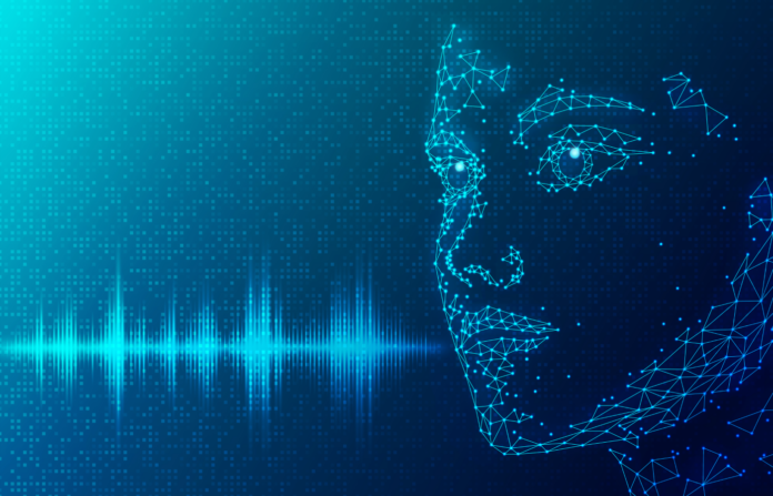 Virtual human face with digital voice waves on blue backgroiund.